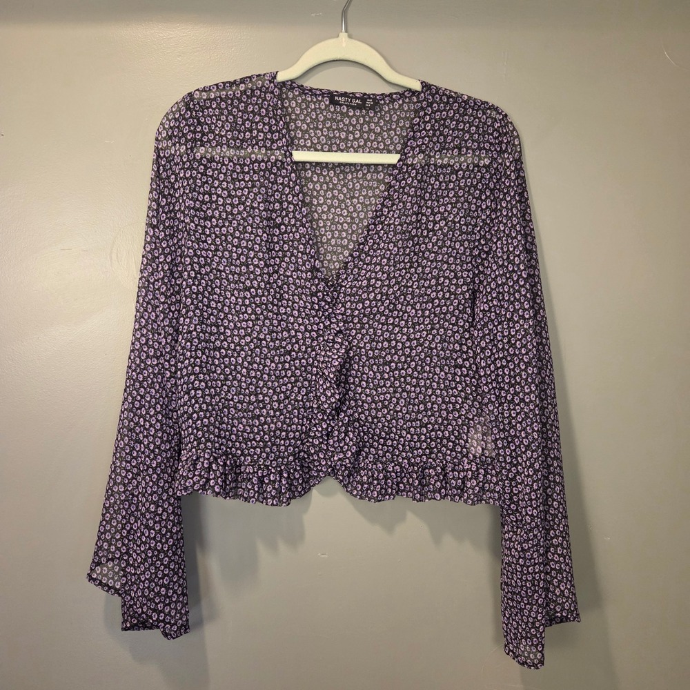 Nasty Gal Floral Print Sheer Flare Sleeve Cropped Top Whimsygoth, Size US 6